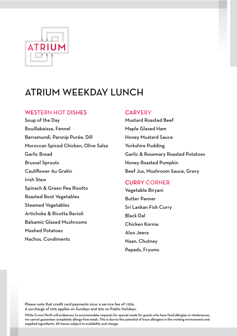 Menu, Atrium Buffet