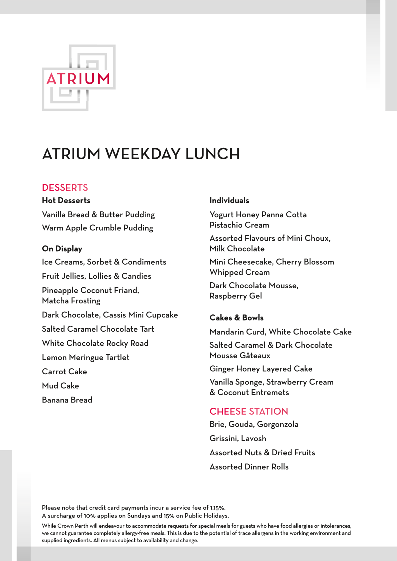 Menu, Atrium Buffet