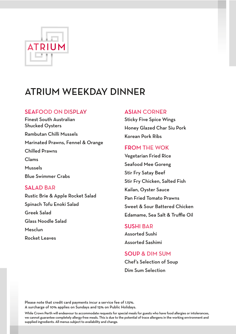 Menu, Atrium Buffet