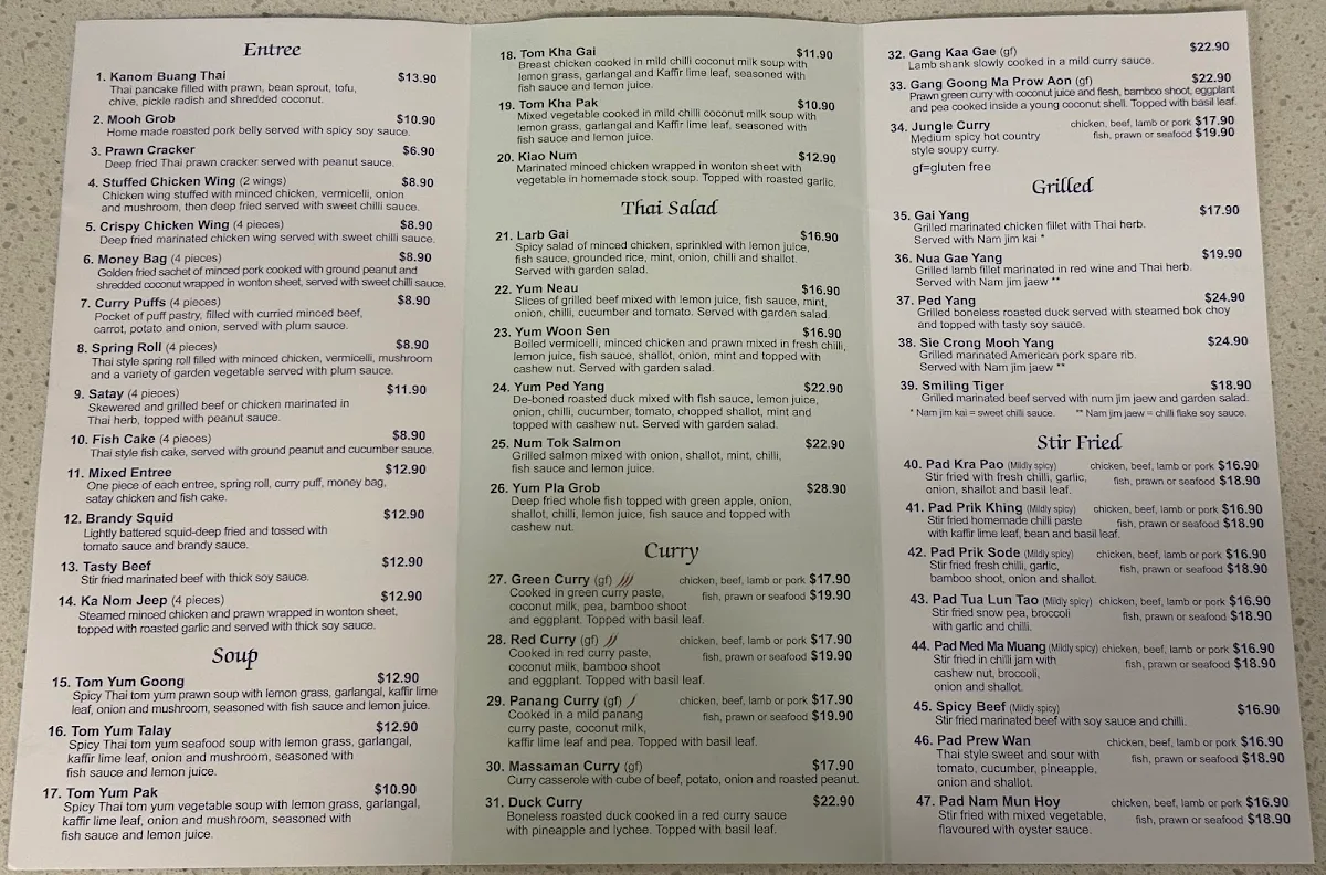 Menu, Buddha Raksa Thai Restaurant
