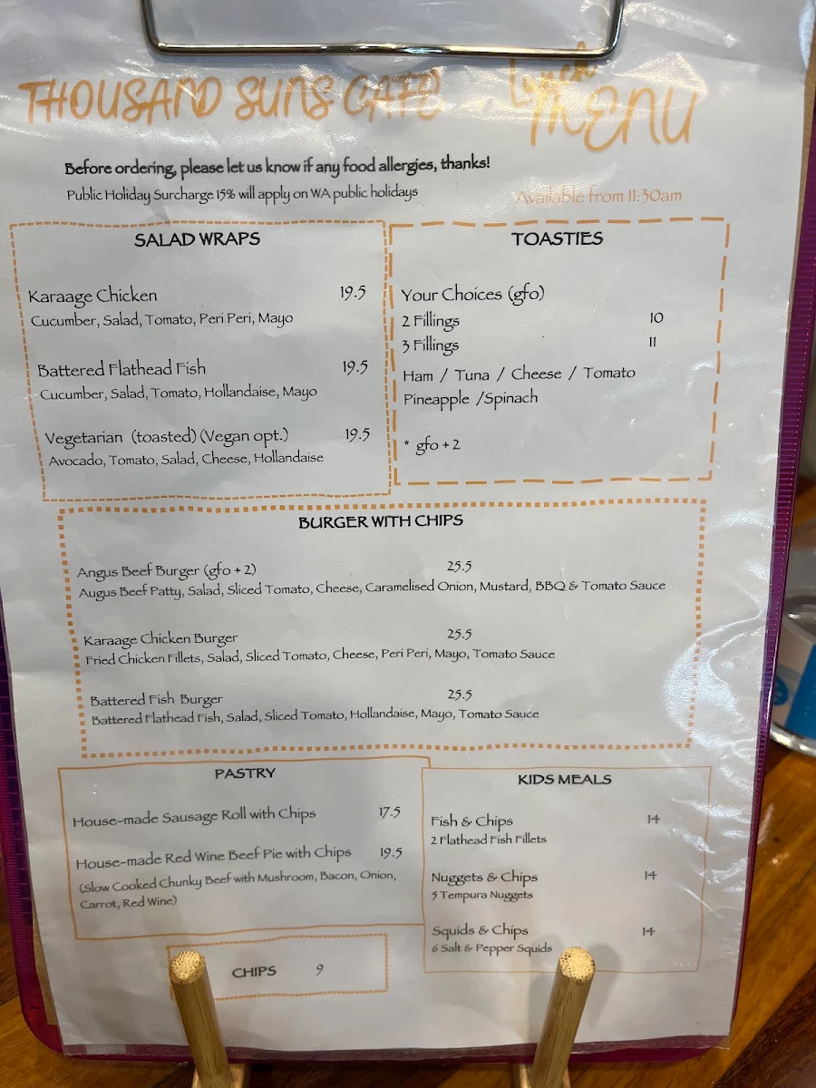 Menu, Thousand Suns Cafe