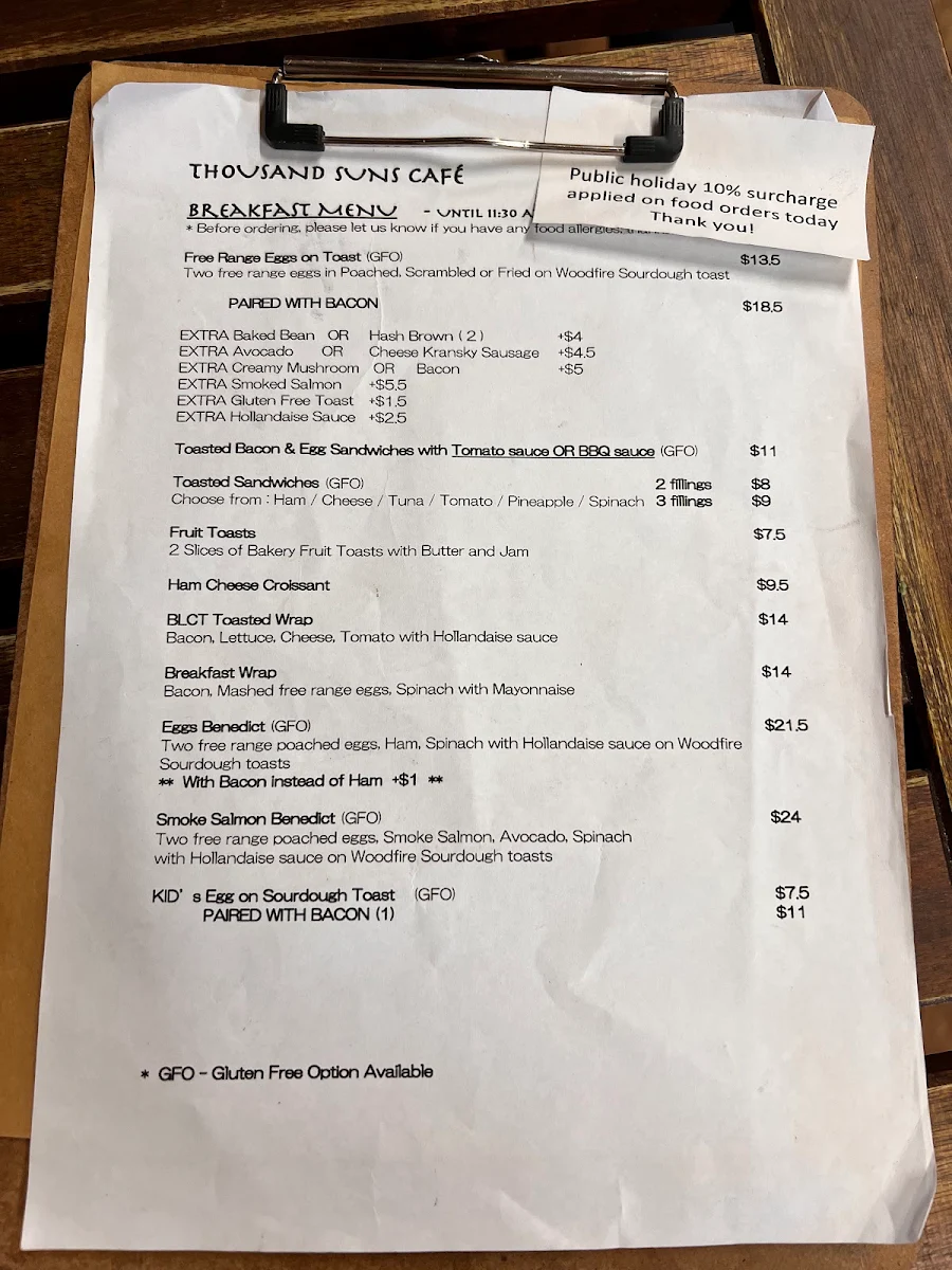 Menu, Thousand Suns Cafe