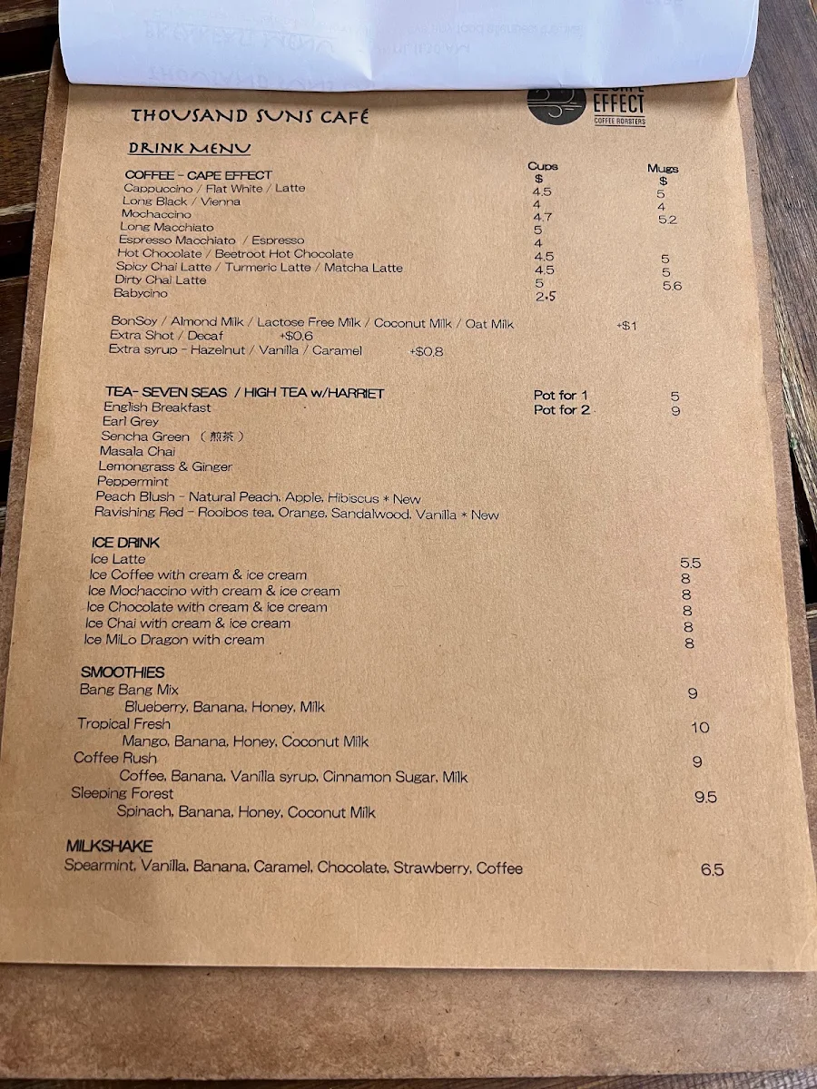 Menu, Thousand Suns Cafe
