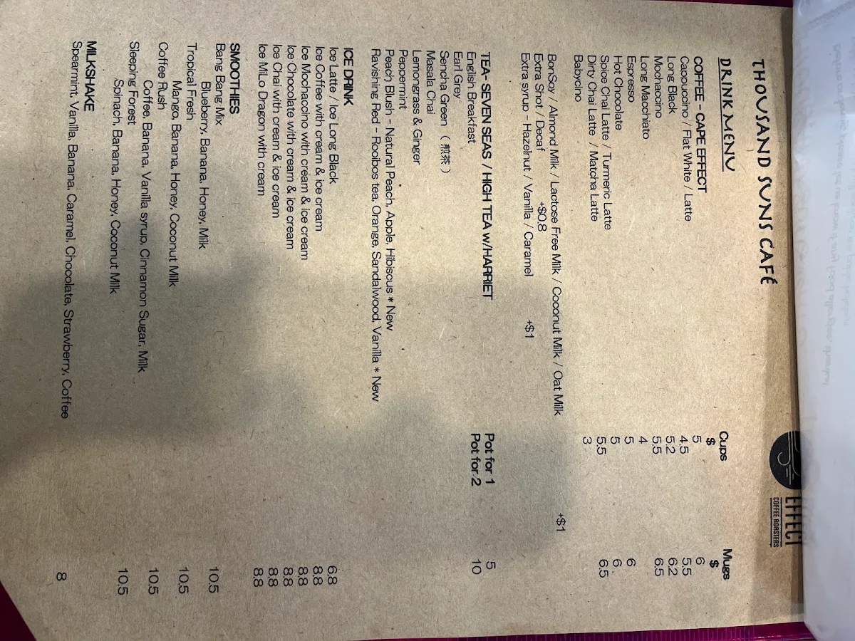 Menu, Thousand Suns Cafe