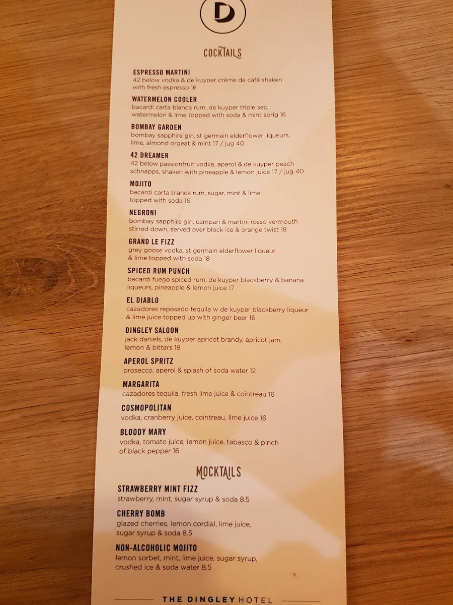 Menu, The Dingley Hotel