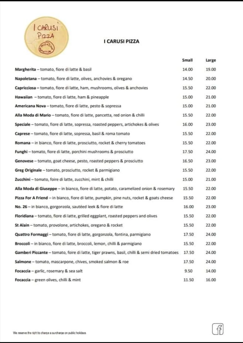 Menu, I Carusi Pizza