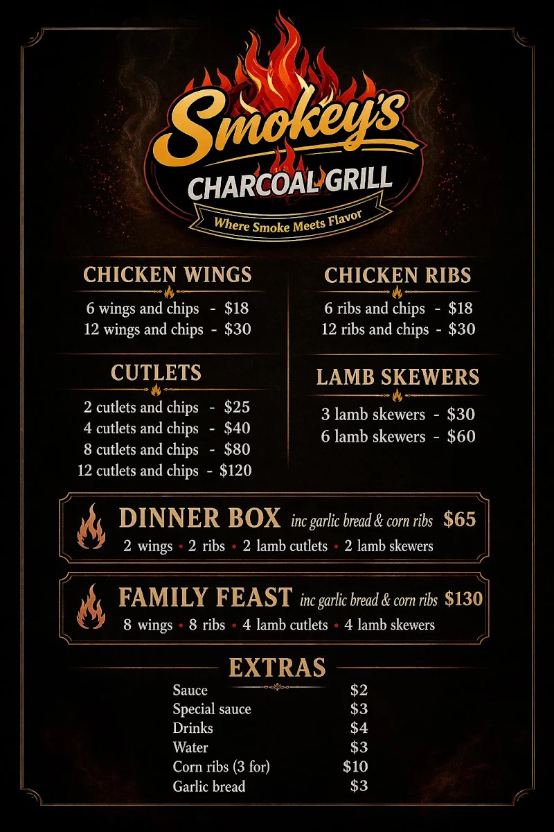 Menu, Smokey’s Charcoal Grill
