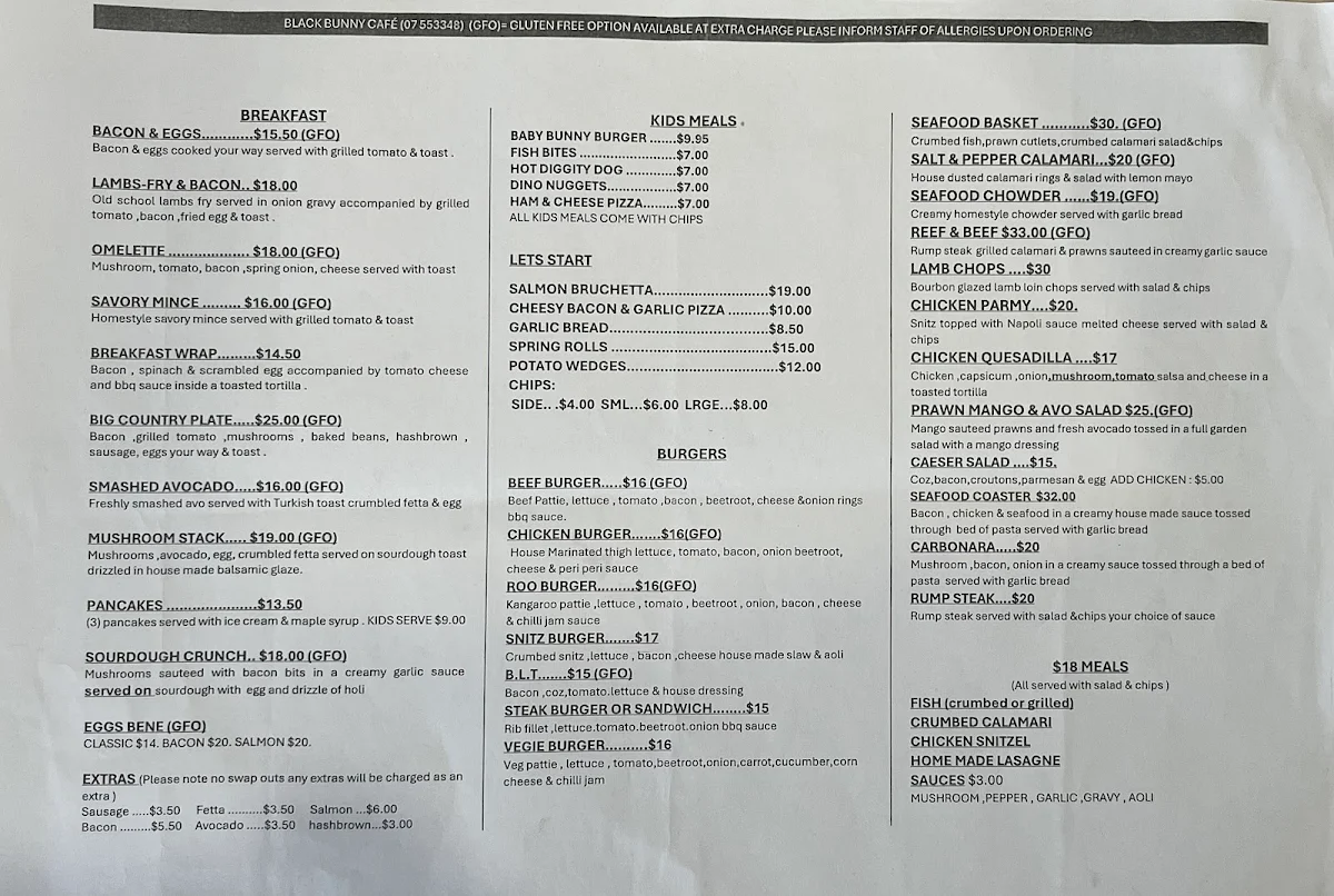 Menu, Black Bunny Cafe and Bar