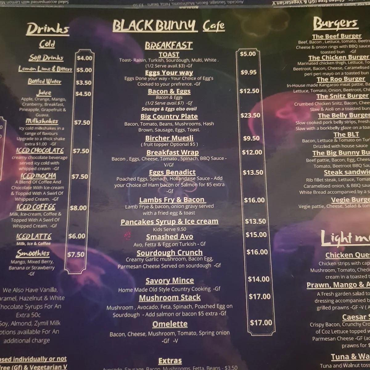 Menu, Black Bunny Cafe and Bar