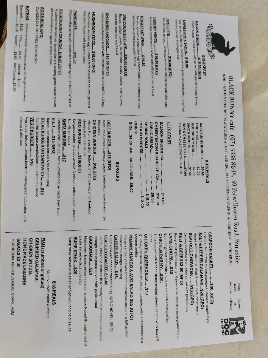 Menu, Black Bunny Cafe and Bar