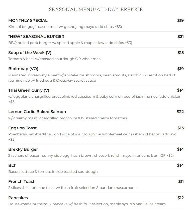 Menu, Crossway Cafe