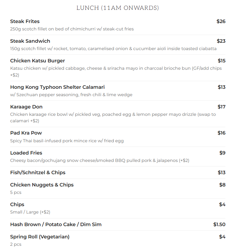 Menu, Crossway Cafe