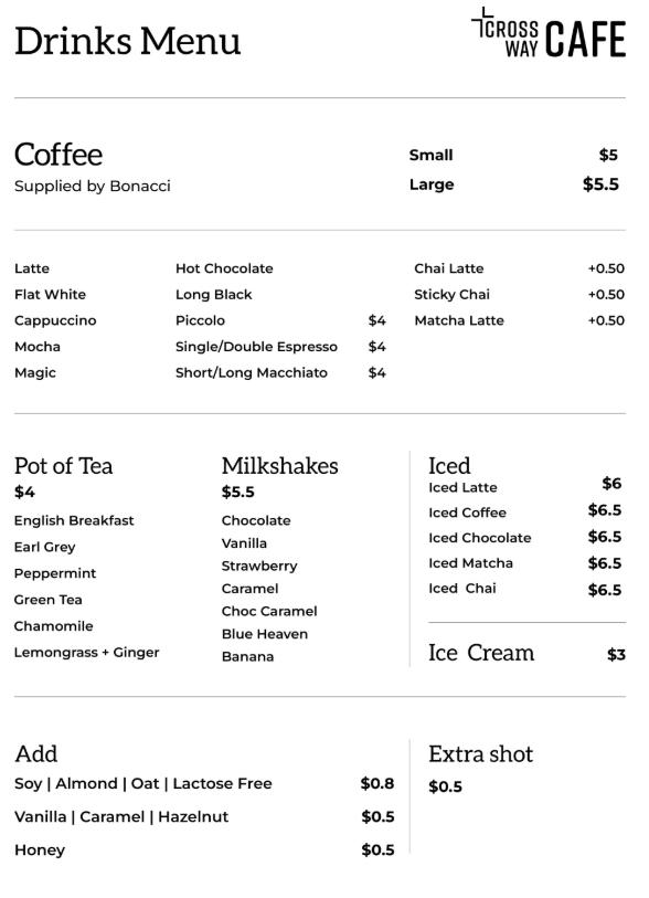 Menu, Crossway Cafe