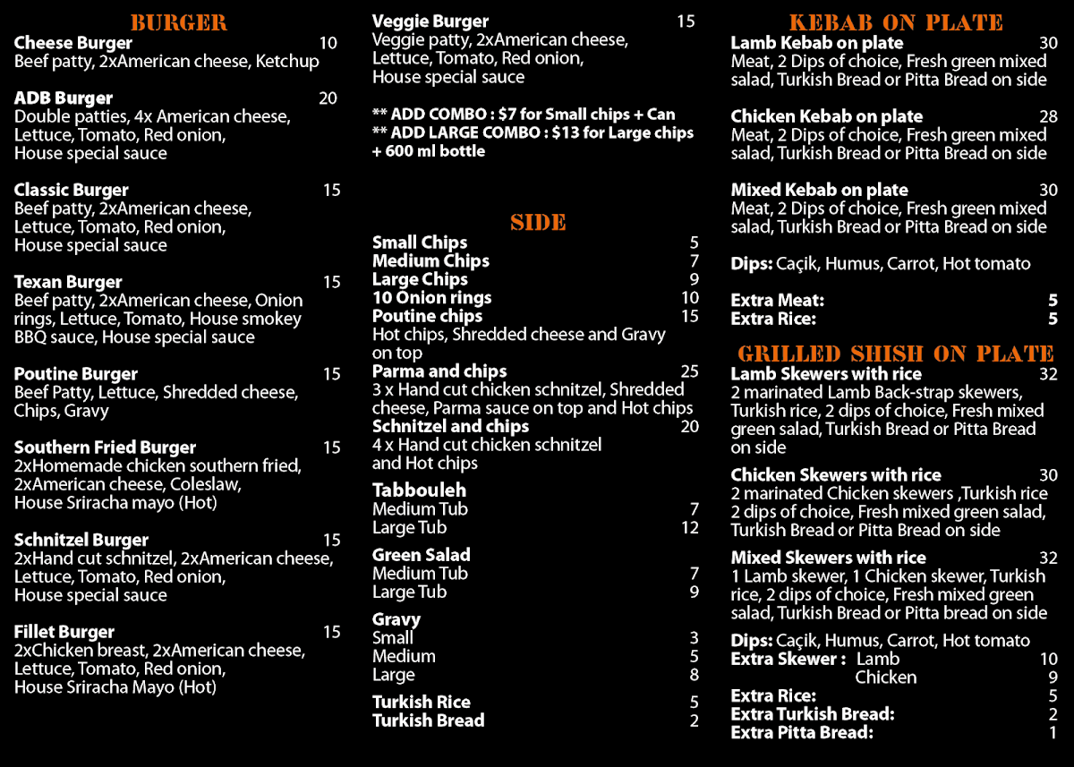Menu, Alanya Kebab House