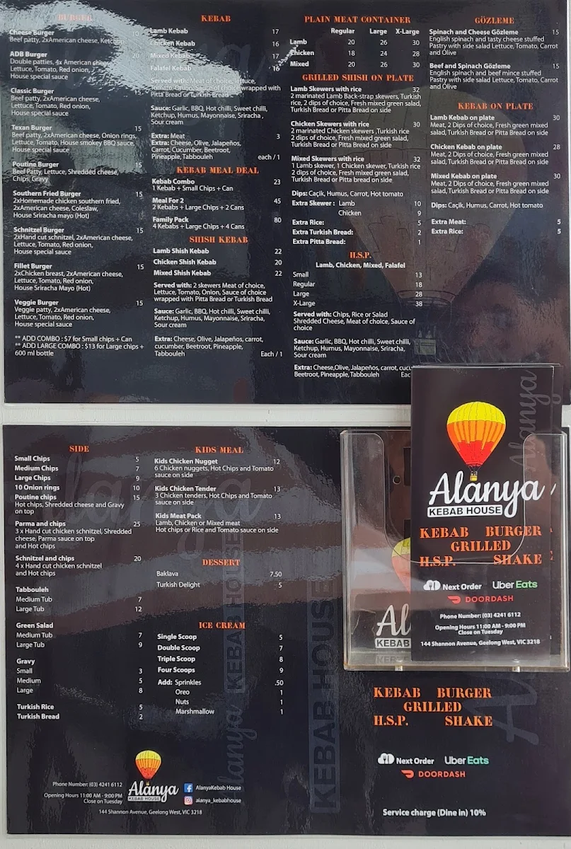 Menu, Alanya Kebab House