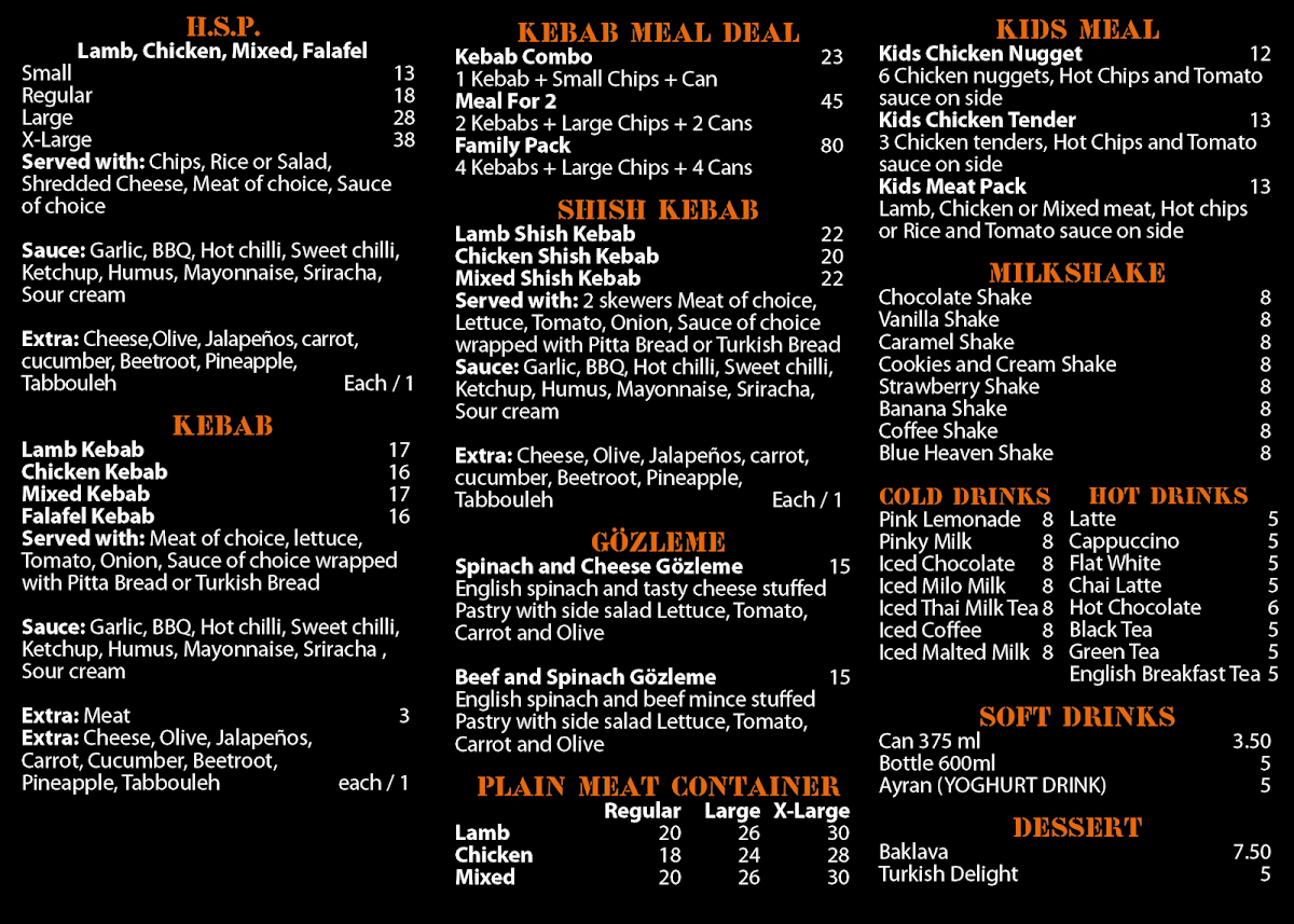 Menu, Alanya Kebab House