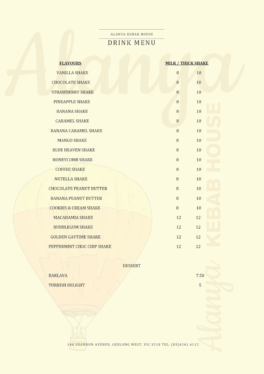 Menu, Alanya Kebab House