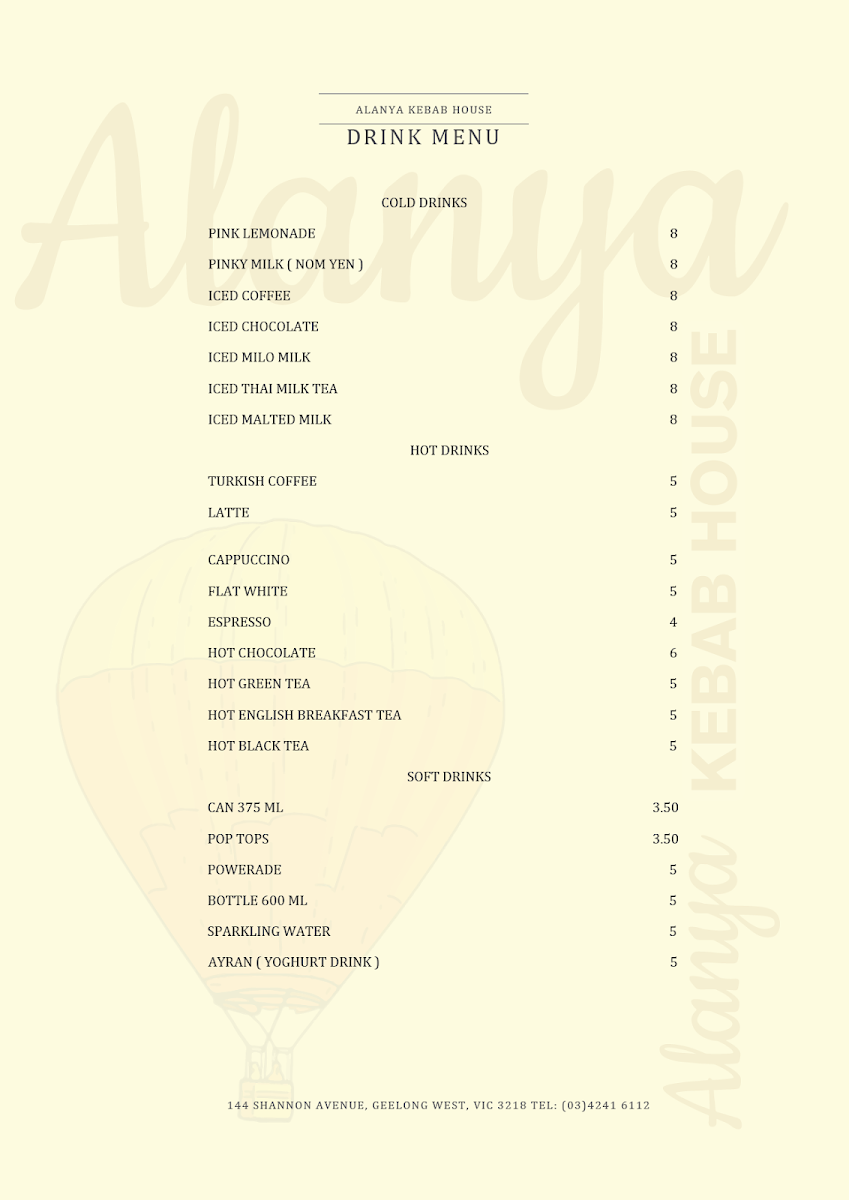 Menu, Alanya Kebab House