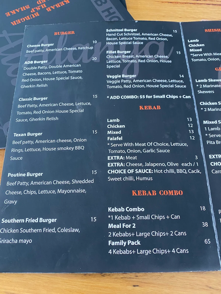 Menu, Alanya Kebab House