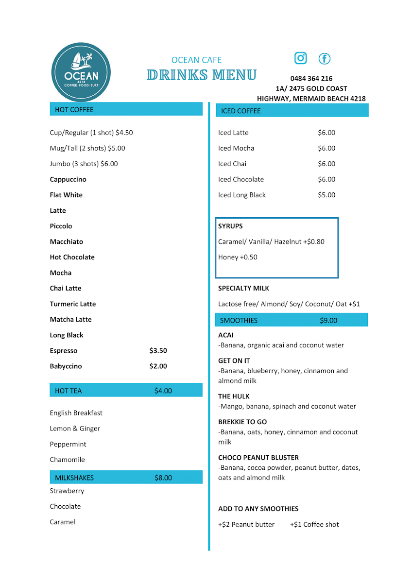 Menu, Ocean 4218 cafe
