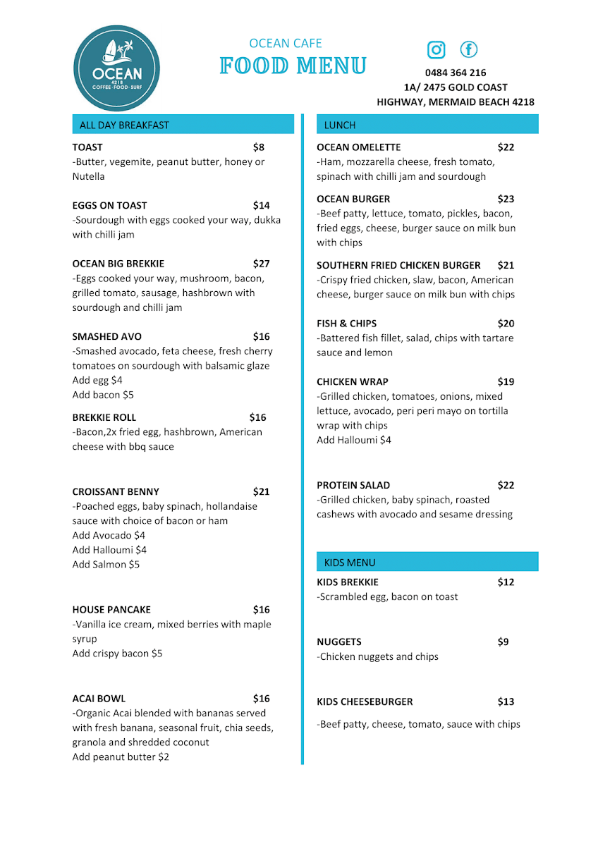 Menu, Ocean 4218 cafe