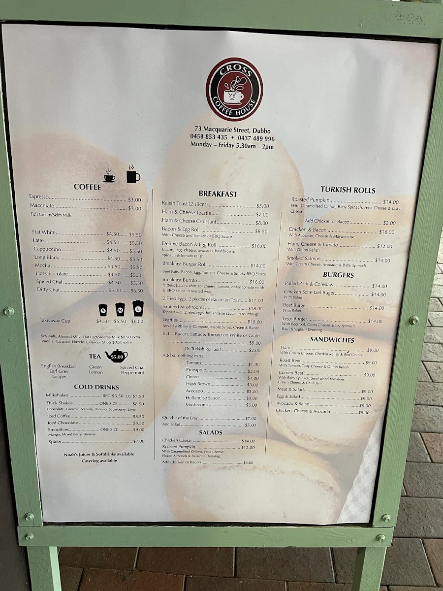 Menu, Cross Coffee House