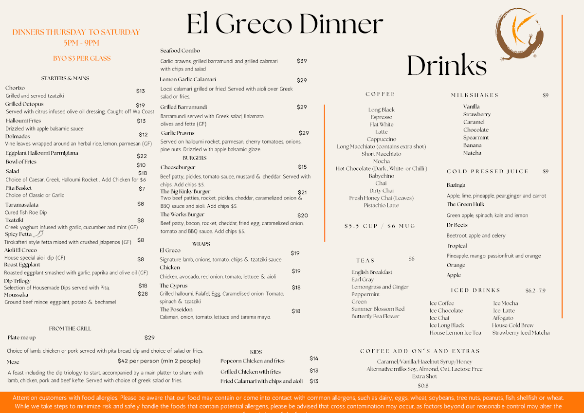 Menu, El Greco Cafe By Kinky Lizard