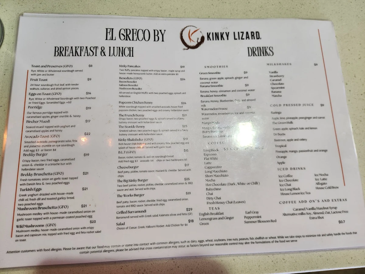 Menu, El Greco Cafe By Kinky Lizard