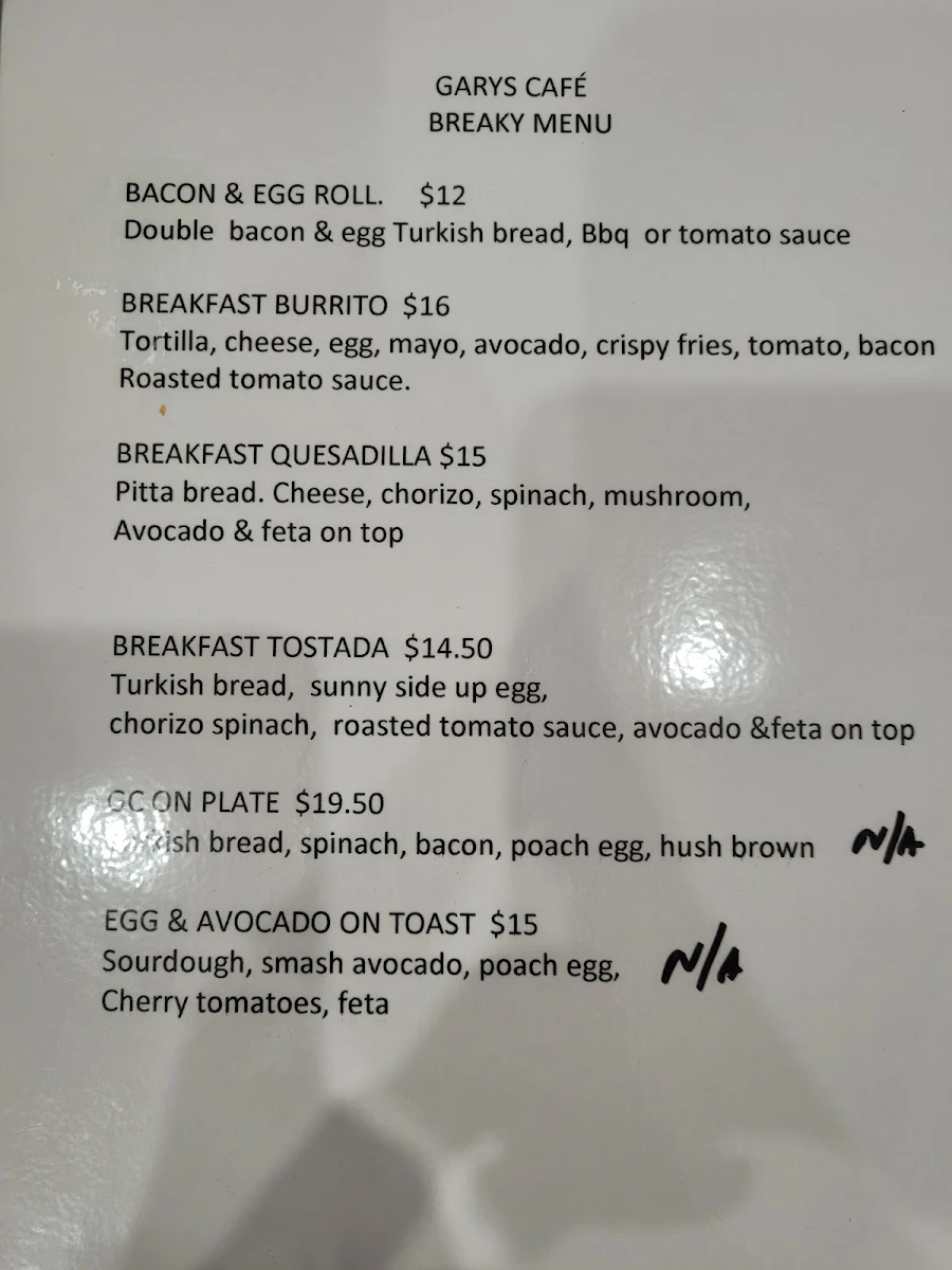 Menu, Gary's Cafe