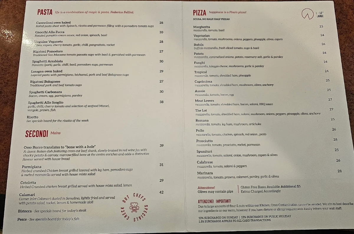 Menu, Pino's Trattoria