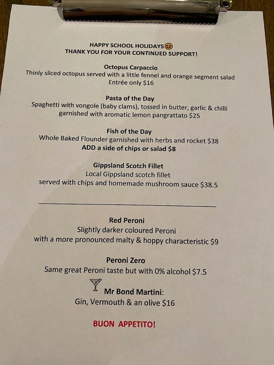 Menu, Pino's Trattoria