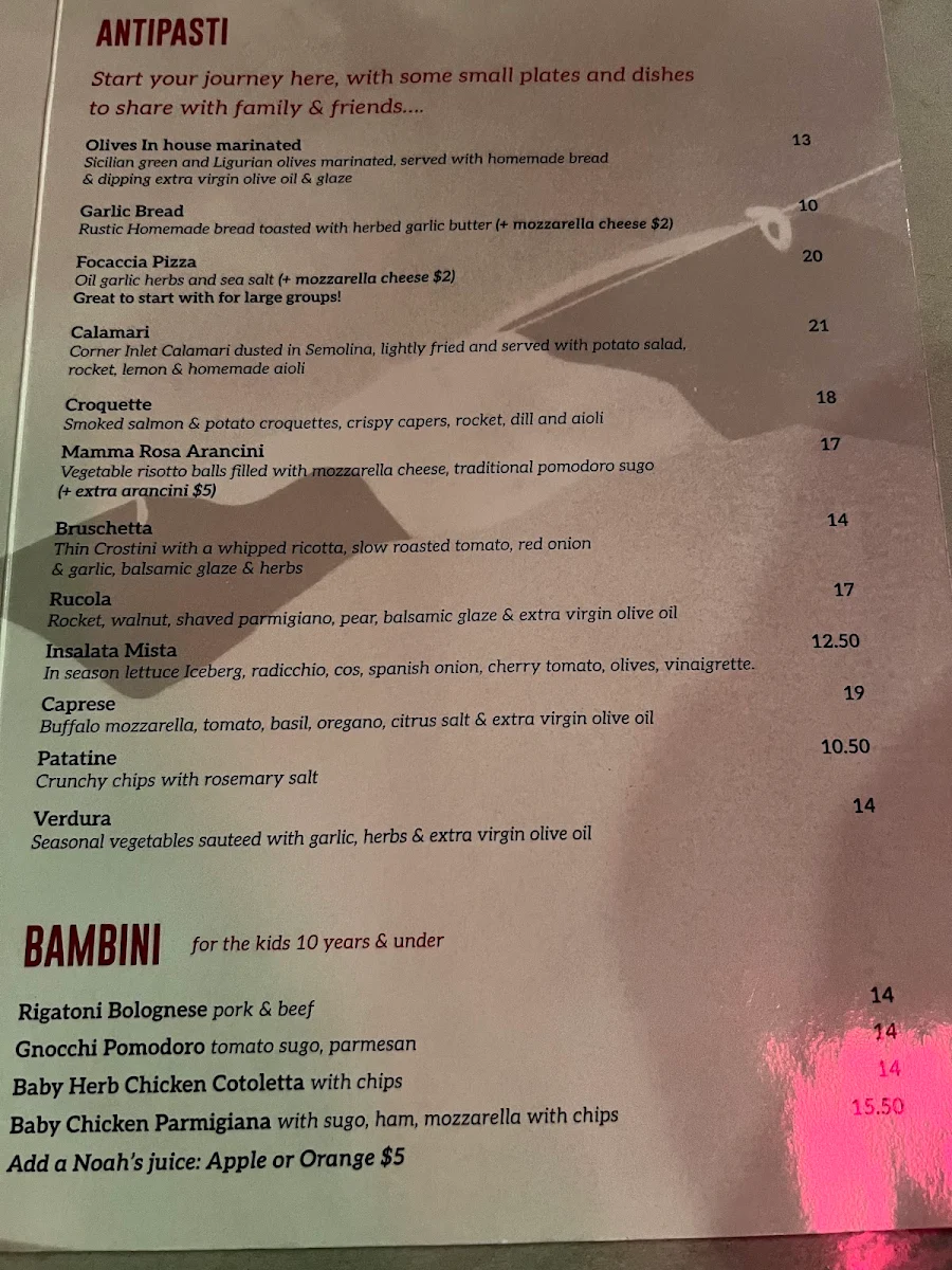 Menu, Pino's Trattoria