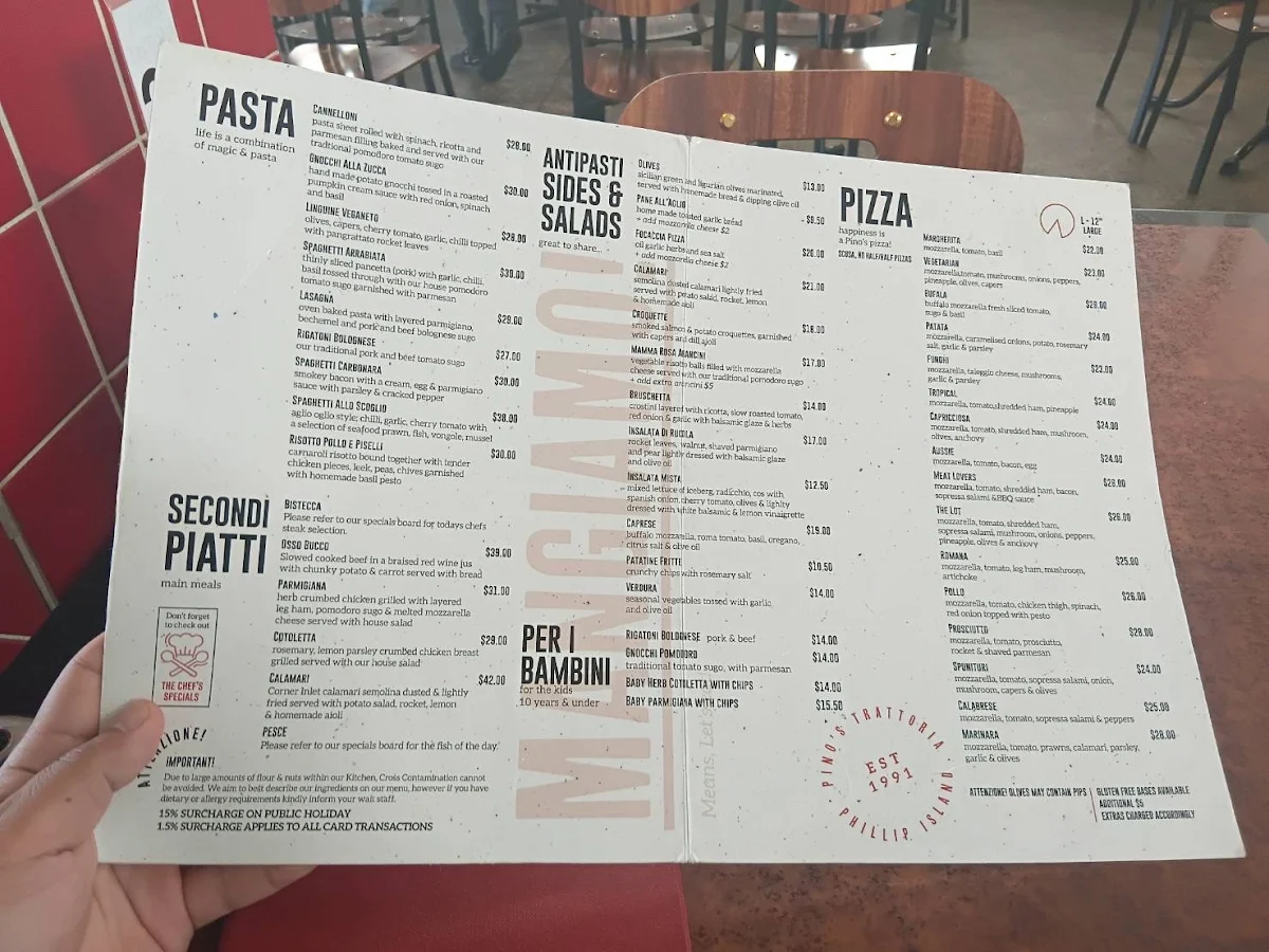 Menu, Pino's Trattoria
