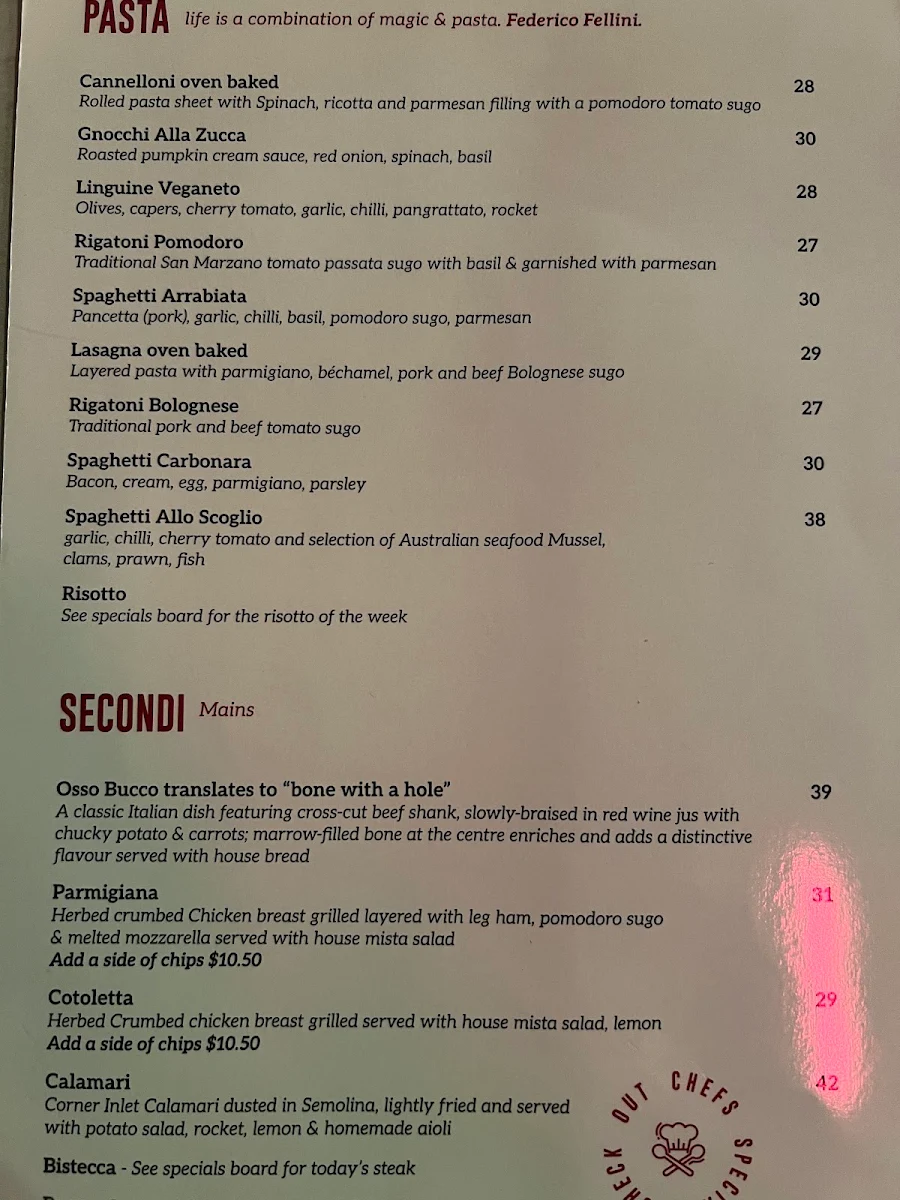 Menu, Pino's Trattoria