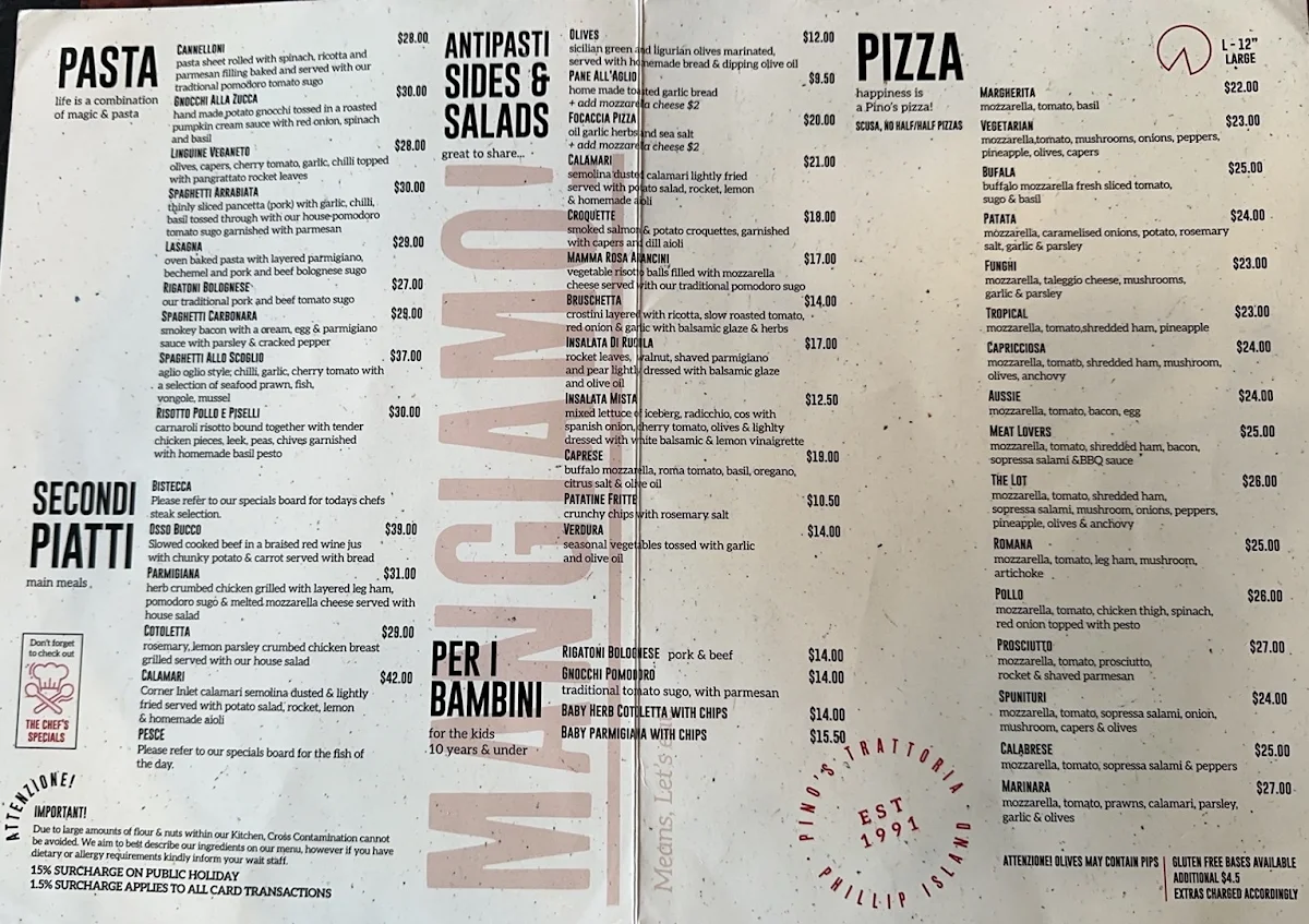 Menu, Pino's Trattoria