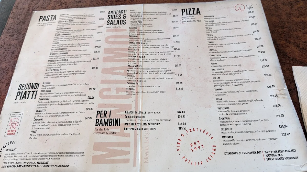 Menu, Pino's Trattoria