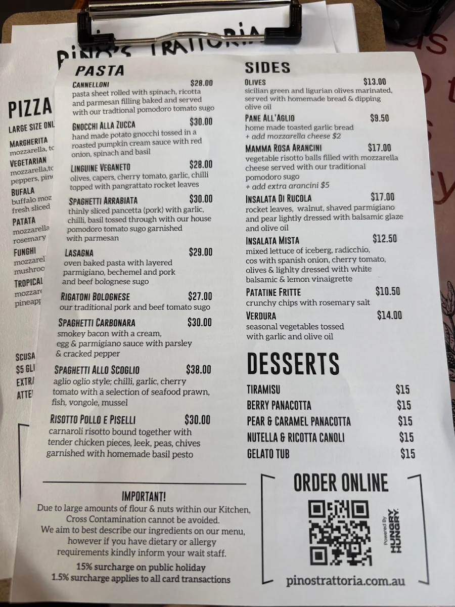 Menu, Pino's Trattoria
