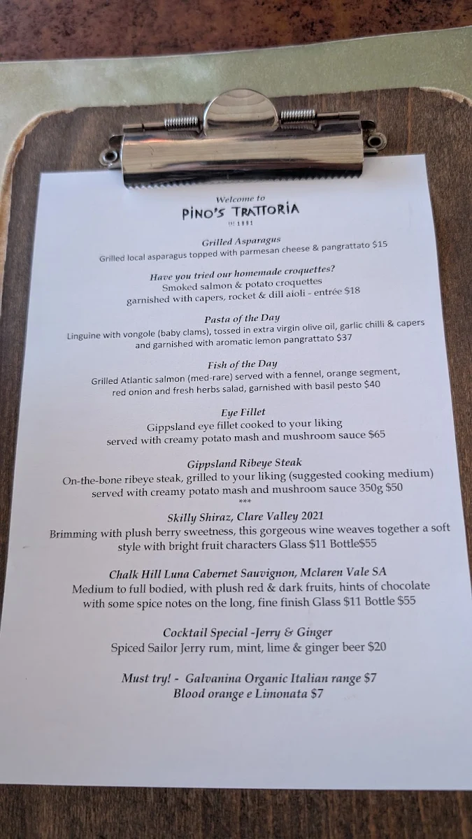 Menu, Pino's Trattoria
