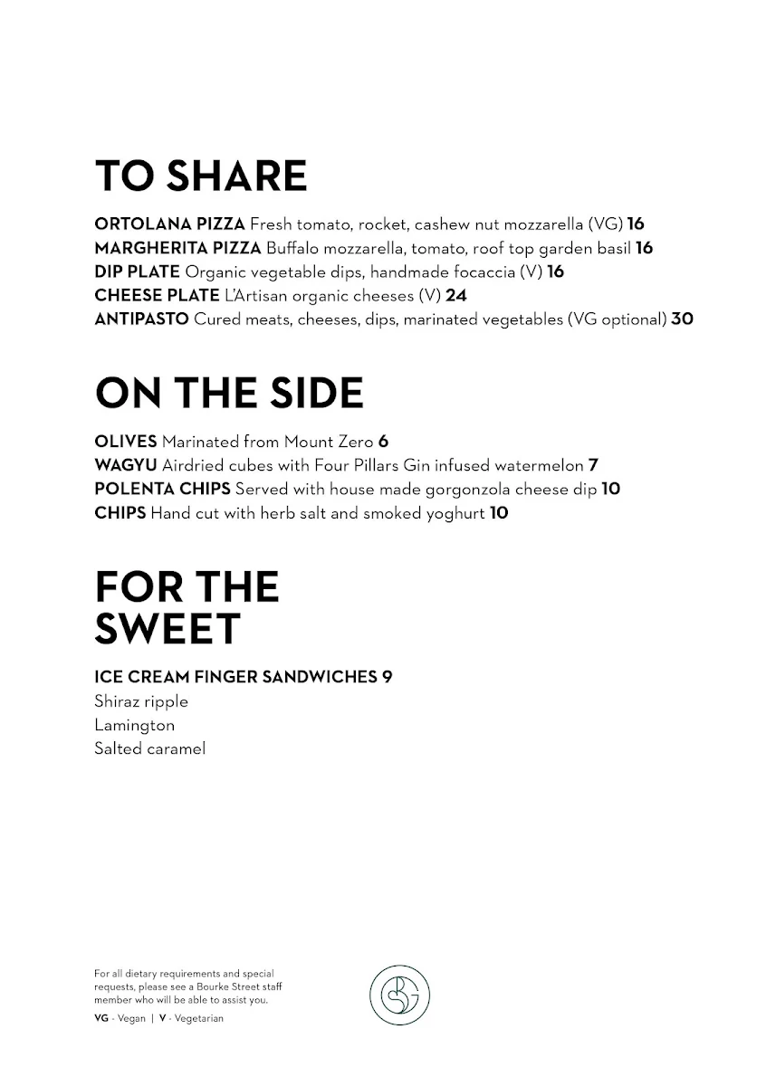 Menu, Bourke Street Green