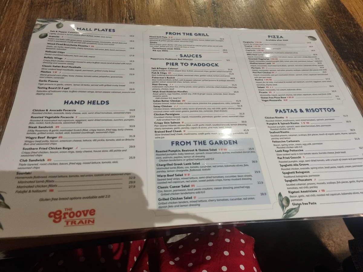 Menu, The Groove Train Epping