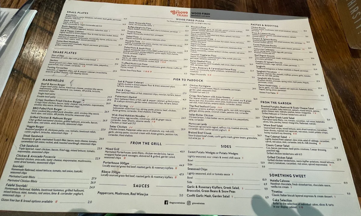 Menu, The Groove Train Epping