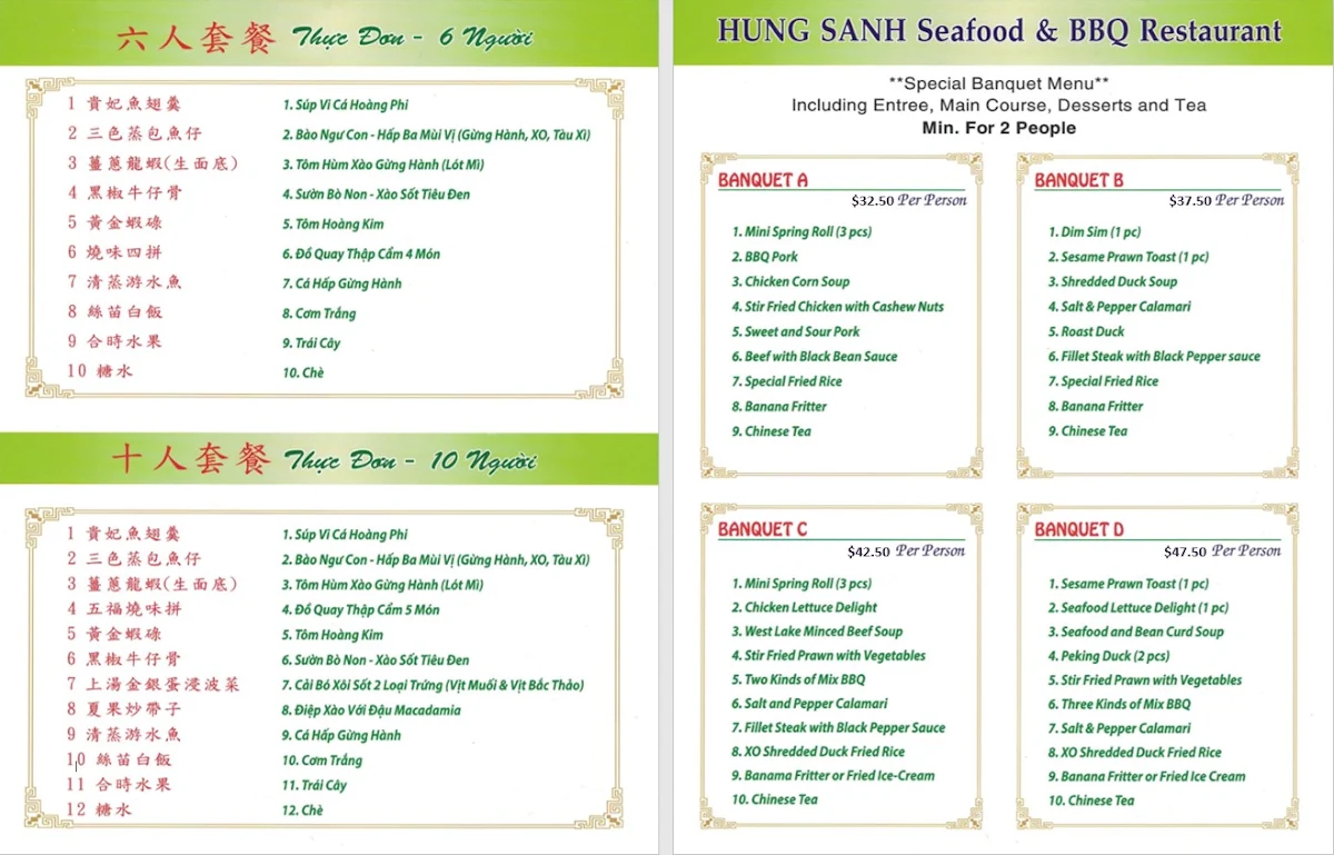 Menu, Hung Sanh Seafood & Barbeque Restaurant