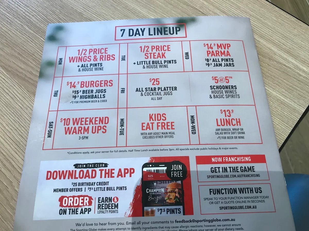 Menu, The Sporting Globe Bar & Grill Chirnside Park