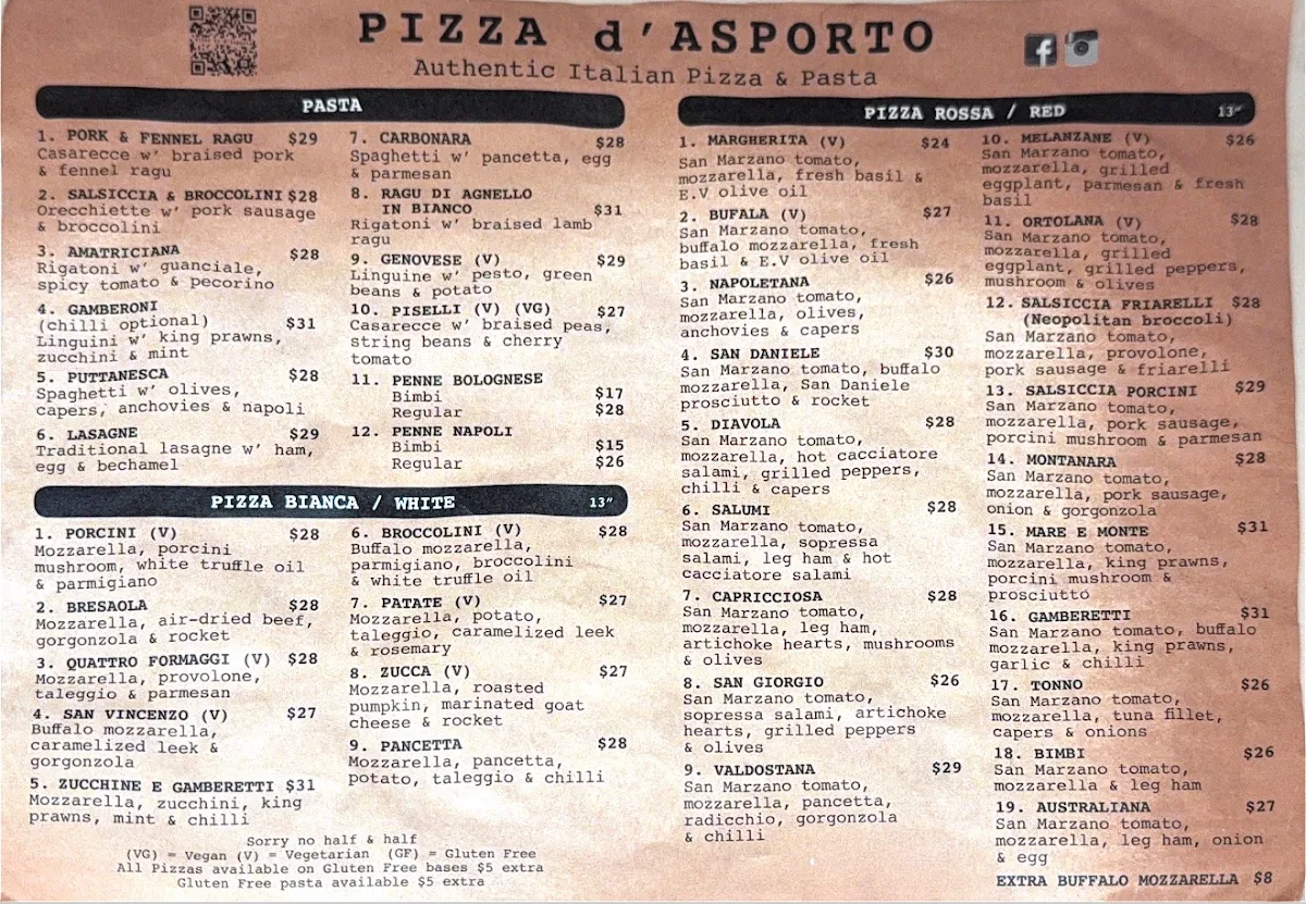 Menu, Pizza d'Asporto