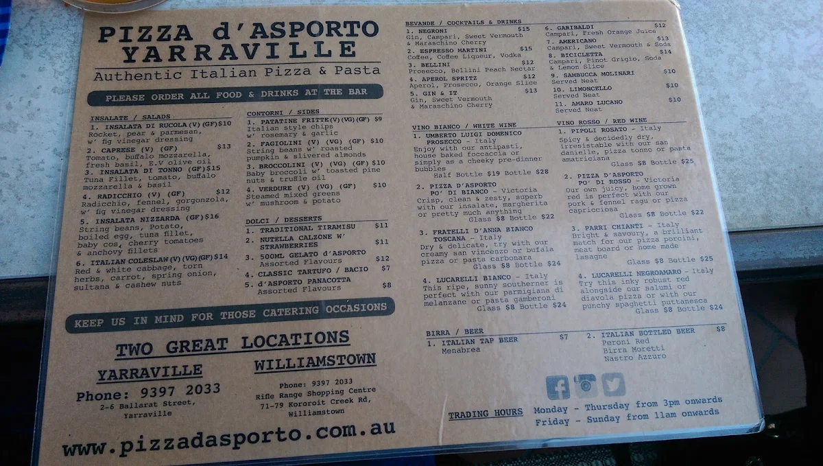 Menu, Pizza d'Asporto
