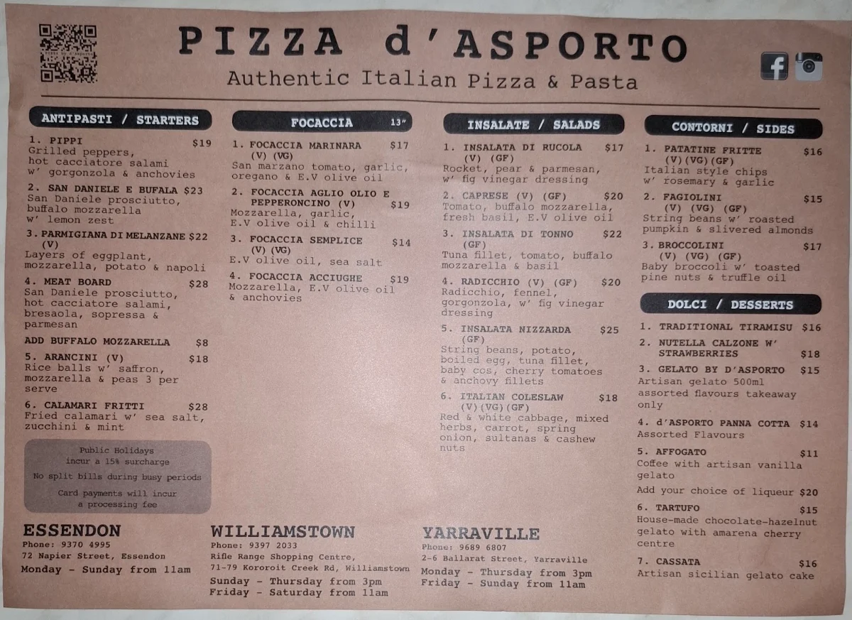 Menu, Pizza d'Asporto