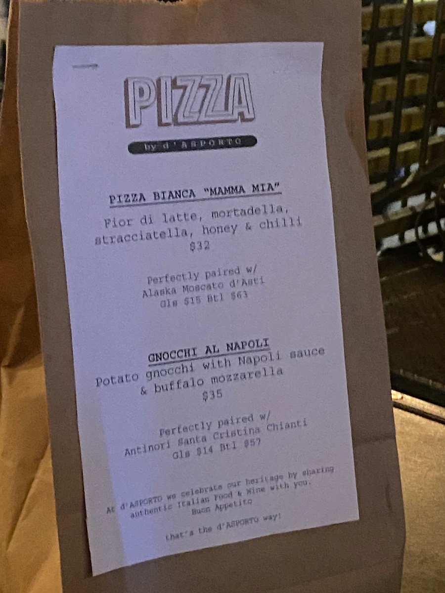 Menu, Pizza d'Asporto