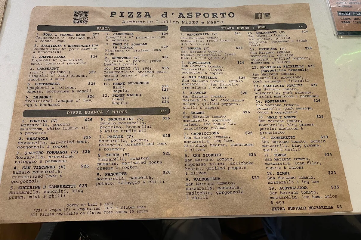 Menu, Pizza d'Asporto