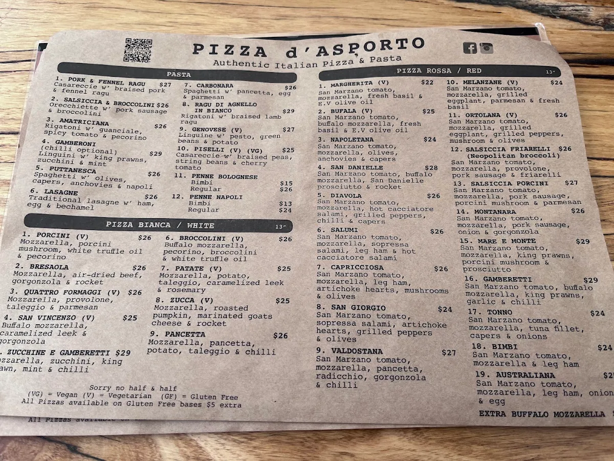 Menu, Pizza d'Asporto