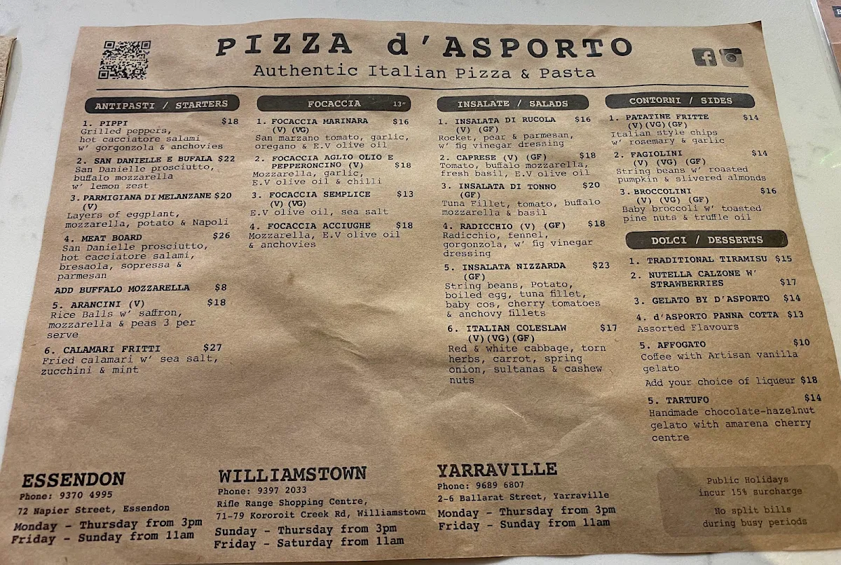 Menu, Pizza d'Asporto